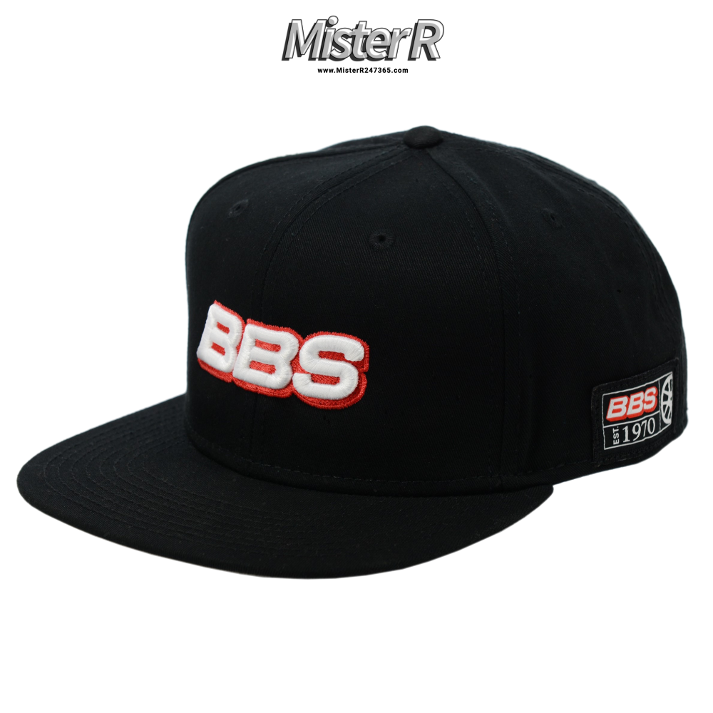 BBS Wheels USA - Black Adjustable Snapback Hat - Flat Bill Baseball Cap - BBS Motorsports