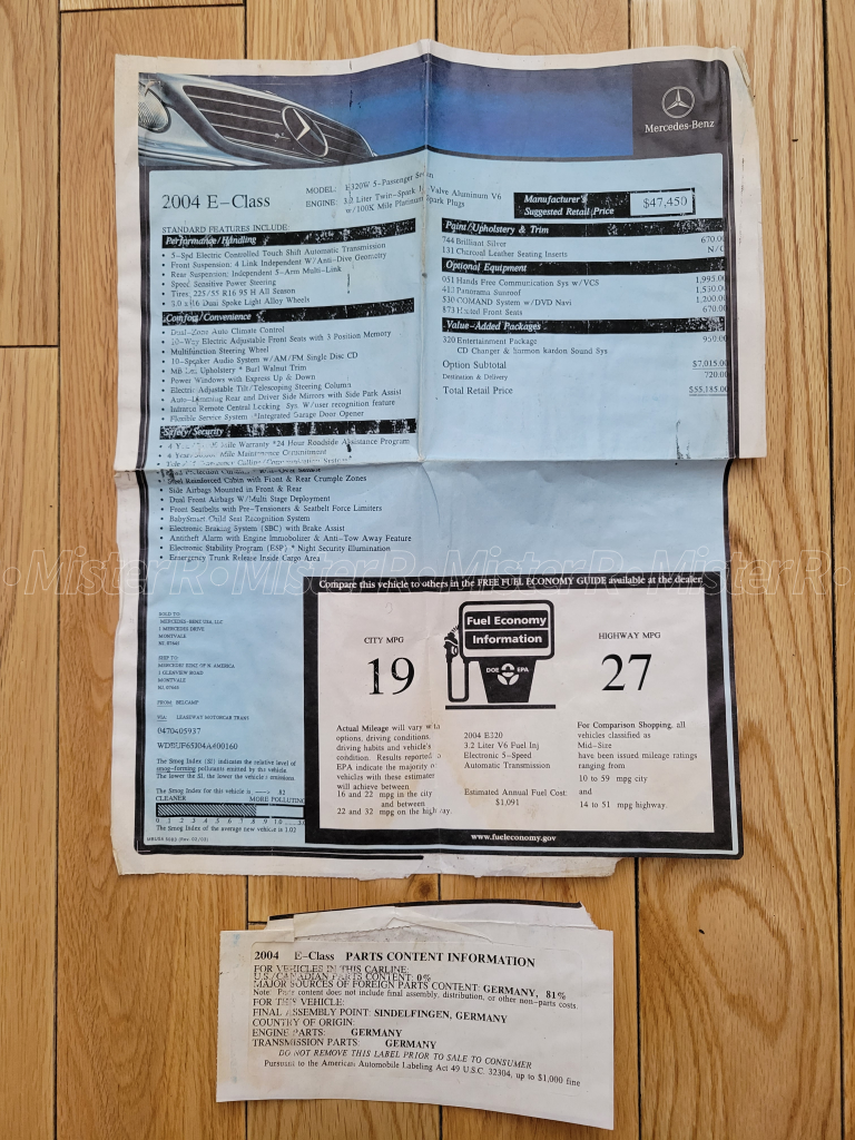 2004 Mercedes-Benz E320W - Original Dealership Window Sticker - W211 Brilliant Silver