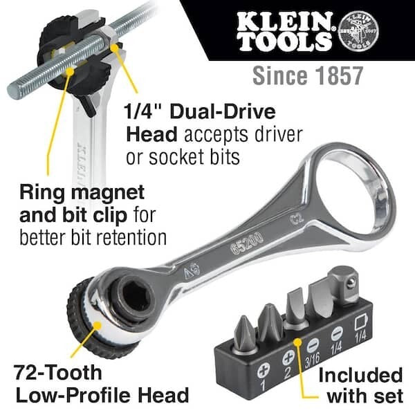 Klein Tools • Electrician's Mini Ratchet Set • #65200 • 1/4 Inch Drive w/ 5 Bits5