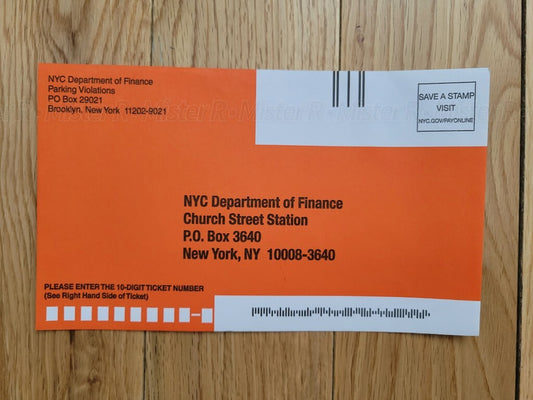 NYC Orange Parking Ticket Envelope • New York City Traffic Summons/Violation0