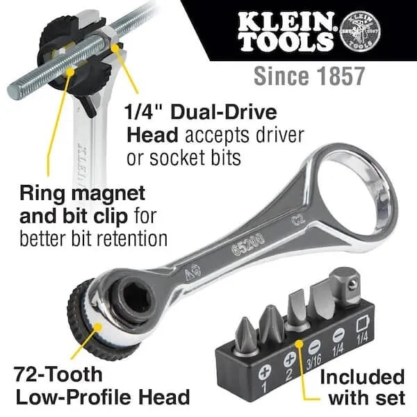 Klein Tools - Electrician's Mini Ratchet Set - #65200 - ¼ Inch Drive w/ 5 Bits